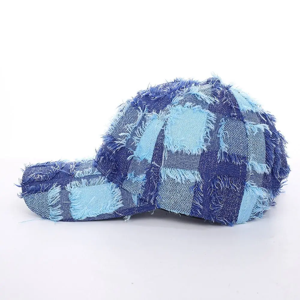 Frayed Edge Distressed Baseball Cap Plaid Pattern Adjustable Fit Casual Baseball Hat Distressed Style Plain Front