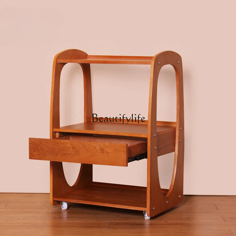 Solid Wood Cosmetic Tool Trolly Multifunctional Curve Hairdressing Tool Trolley with Drawer