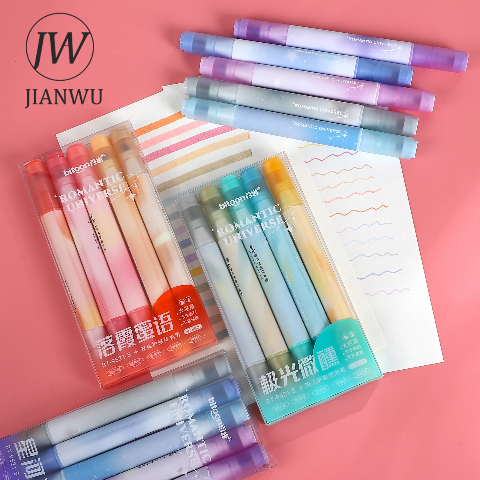 JIANWU 5 Pcs/set Colorful Double-ended Eye Protection Highlighter Set Write Smoothly Creative DIY Student Supplies Stationery