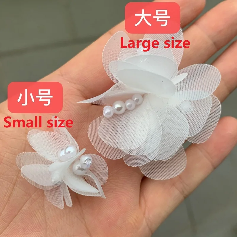 10PCS HOT 3D Pearl Flower Chiffon Patches DIY Sewing Applique Cloth Dress Wedding Hairpin Headdress Decor