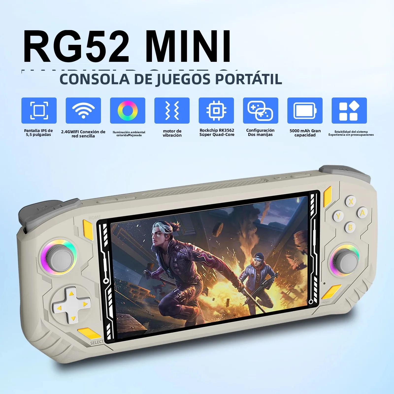 MINI consola de juegos portátil RG52, compatible con Bluetooth, WIFI, Chip RK3562, sistema EmuELEC 64/128G, pantalla IPS de 5,5 pulgadas, consola de videojuegos