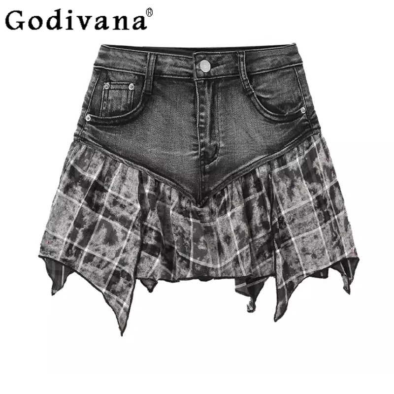 

Y2k Cool Girl Black Plaid Splicing Personalized Denim Skirt Summer New Irregular Loose Handsome Versatile High Waist Short Skirt