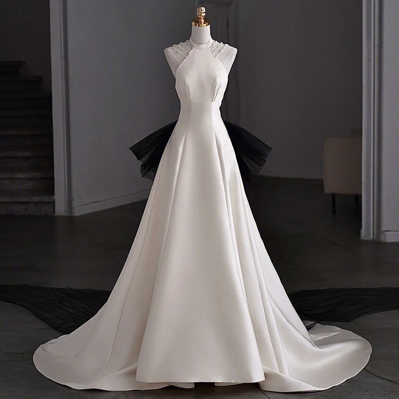 custom 18142#Elegant White Pearl Halter A-line Wedding Dress with Court Train Black Bow Hem Formal Evening Party Gown for Women