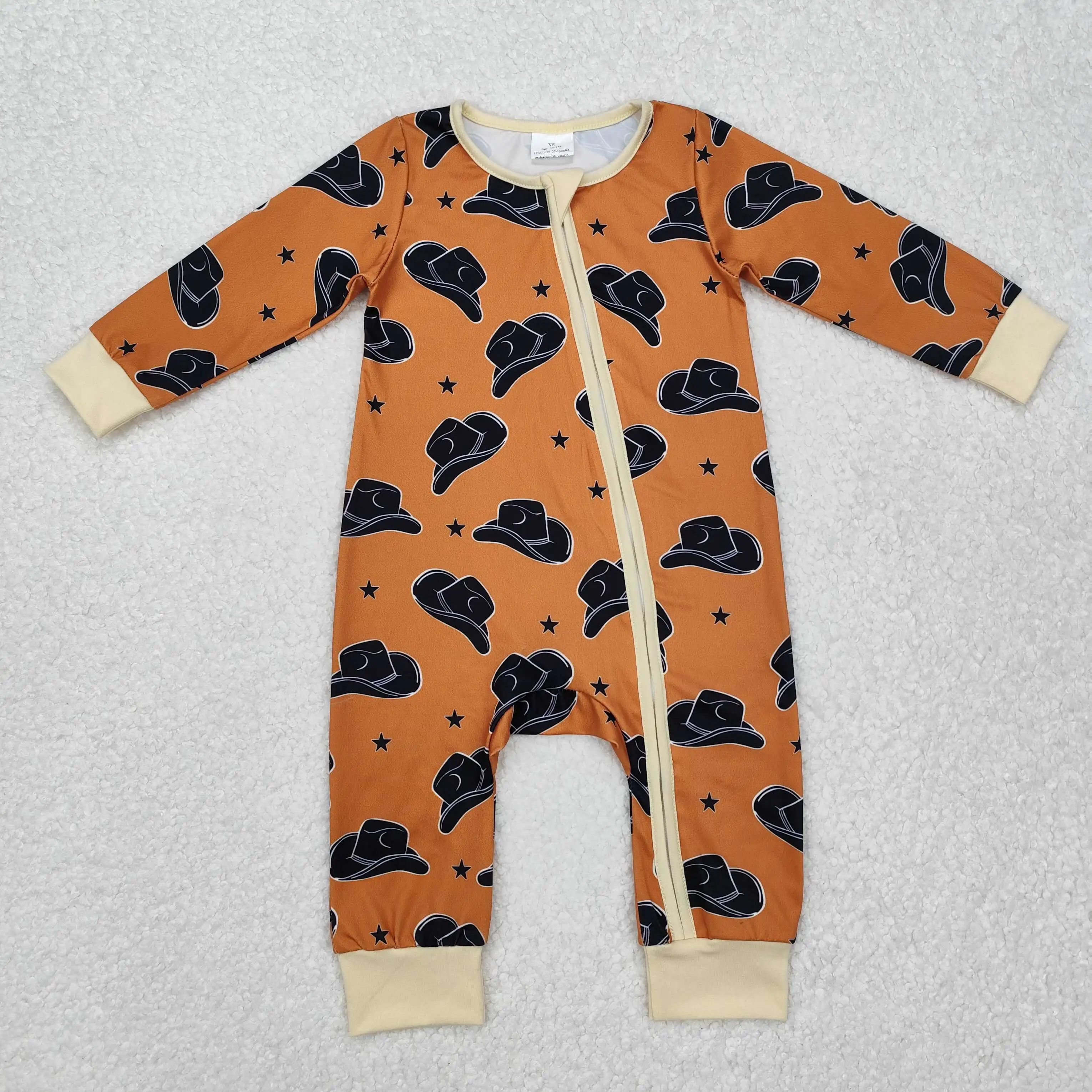 Western Hat Star Brown Long Sleeve zipper Baby Boy Romper Boutique In Stock New Arrival High Quality Cowboy Clothes