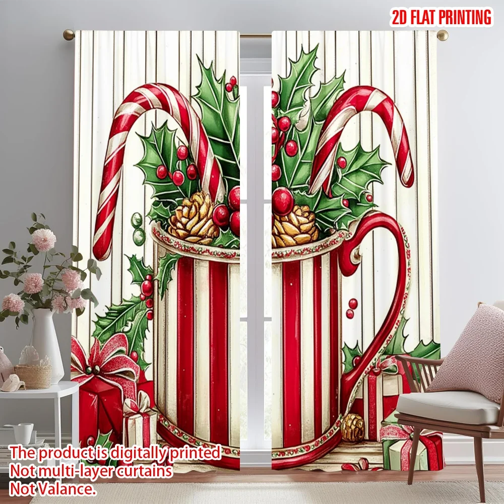 

2 шт., 2D рождественские шторы с плоским принтом, рождественская чашка, трости для конфет, Холли, 100% полиэстеровая ткань без электричества, праздничная стена
