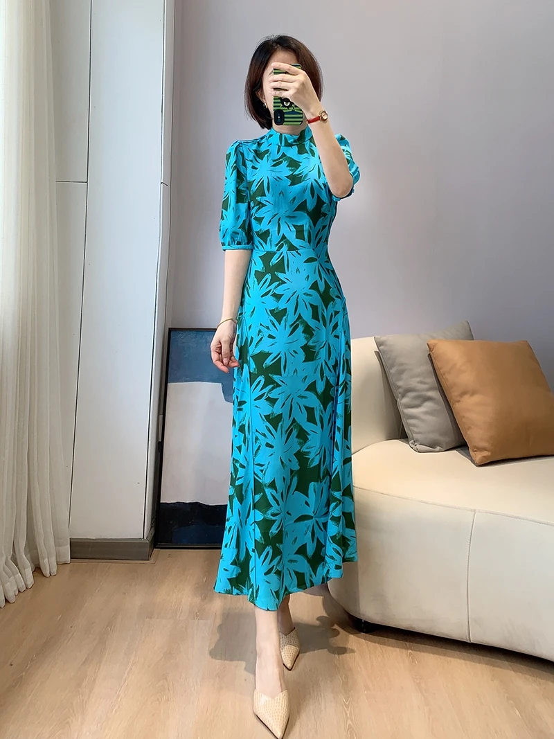 

Ele Blue Floral Print Stand Collar Slimming Dr Ladylike Fren Autumn New Arrival Commute Sle Long Sve A-Line ...