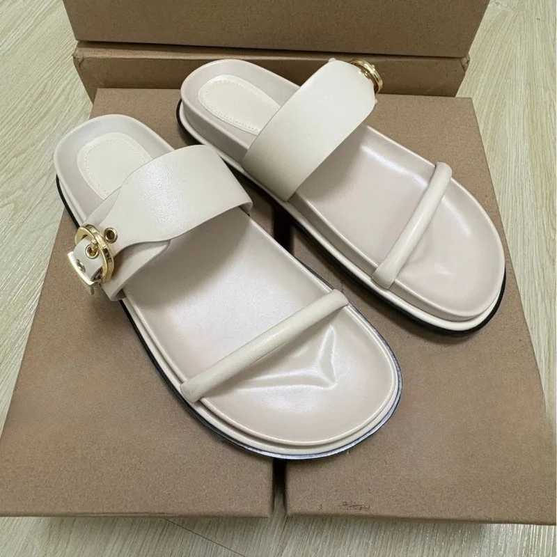 2025 Summer Brand Thick Heel Women Flat Sandals Double Strap Metal Buckle Decoration Open Toe Daily Vacation Lady Beach Shoes