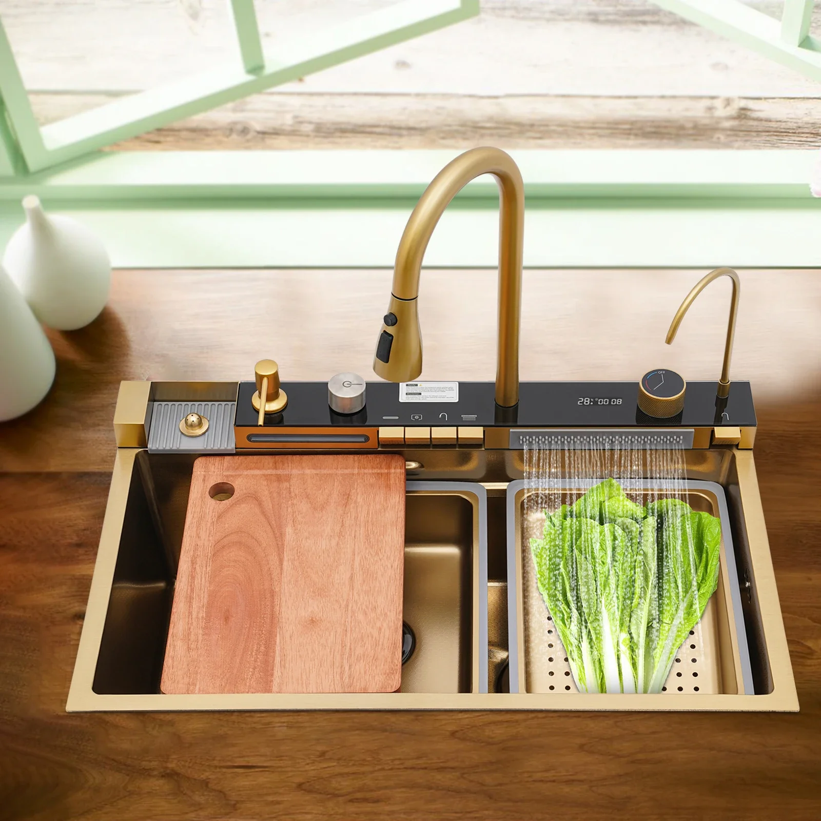 Fregadero de Cocina Digital con Cascada, Fregadero de Cocina con Temperatura Ajustable y Múltiples Modos de Salida de Agua, 75 x 46 x 22 cm, Dorado NUEVO