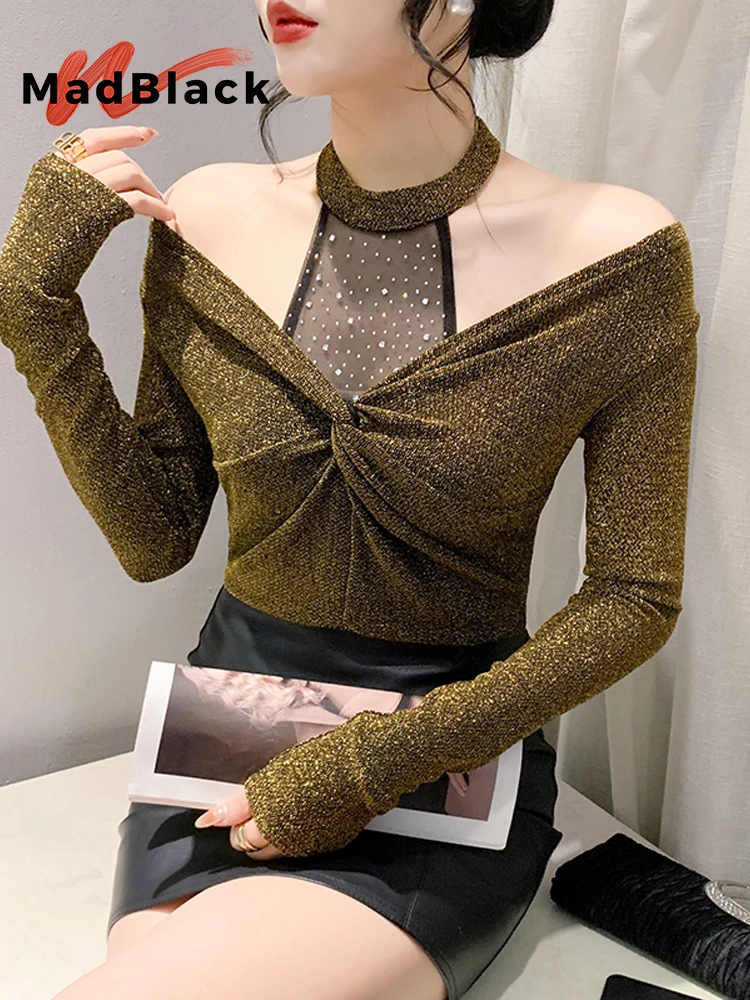 

MadBlack-Women's European T-Shirt, Sexy Halter Diamond Hollow-out, Fashion Long Sleeve Slim M-3XL Tee, 2025 Winter New T5N616CC