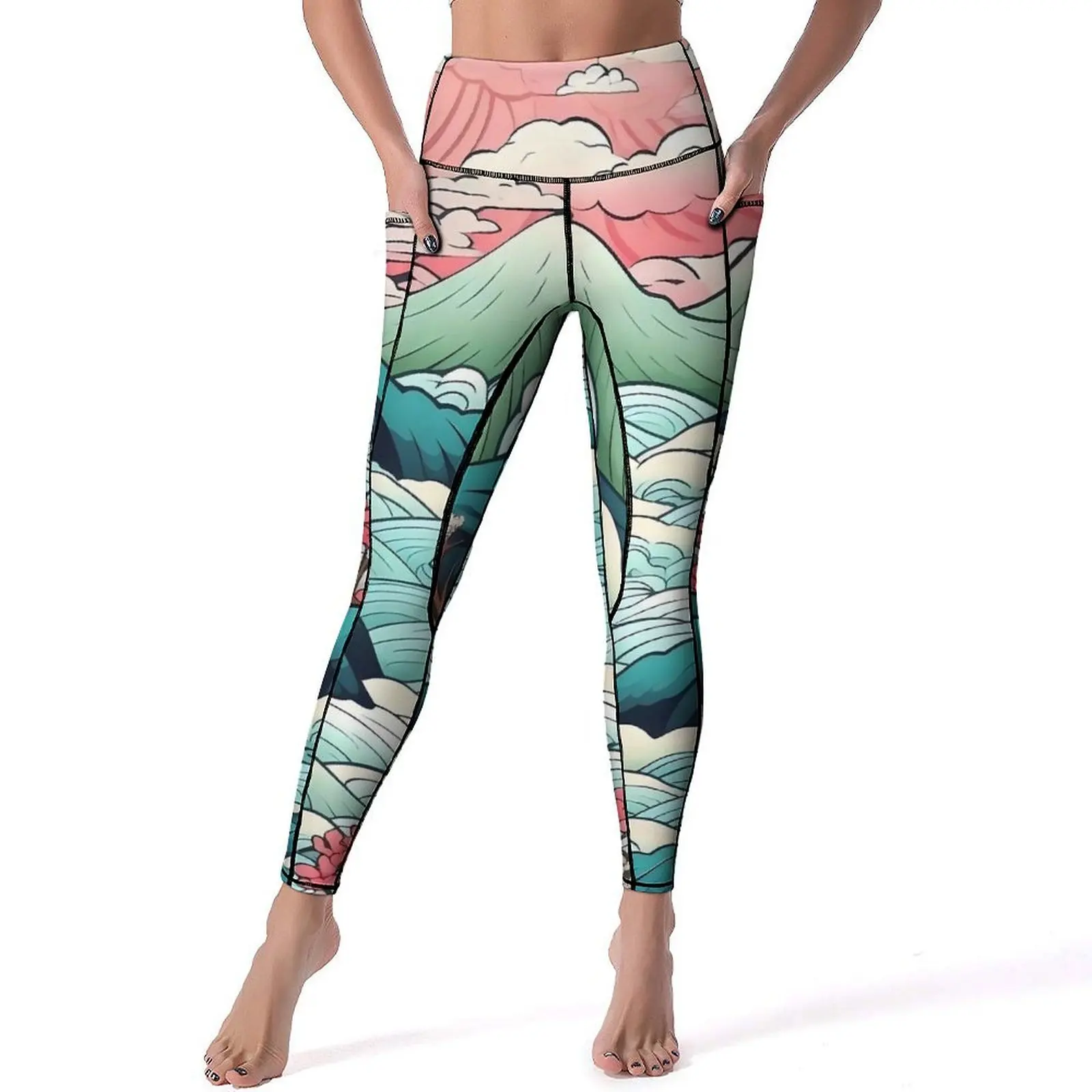 Japanese Art Yoga Pants Pockets Japanese Landscape Leggings Sexy Push Up Novelty Yoga Sports Tights Stretch Fitness Gym Leggins