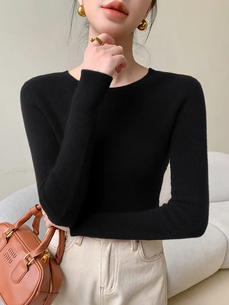 CHICUU Autumn Winter Women Cashmere Sweater Slim O-neck Pullover 100% Merino Wool Knitwear Basic Bottom Sweater Korean Popular