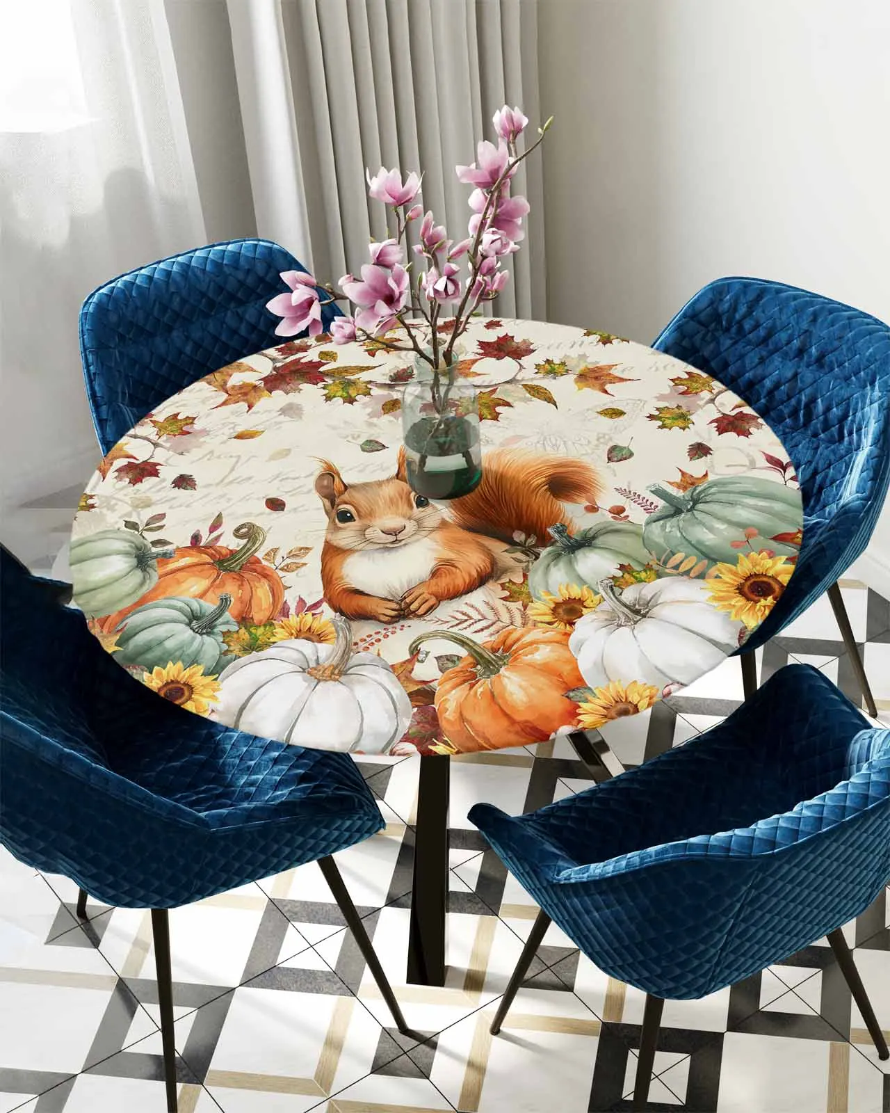 Squirrel Maple Leaf Pumpkin Round Elastic Edged Table Cover Protector Cloth Waterproof Fitted Tablecloth