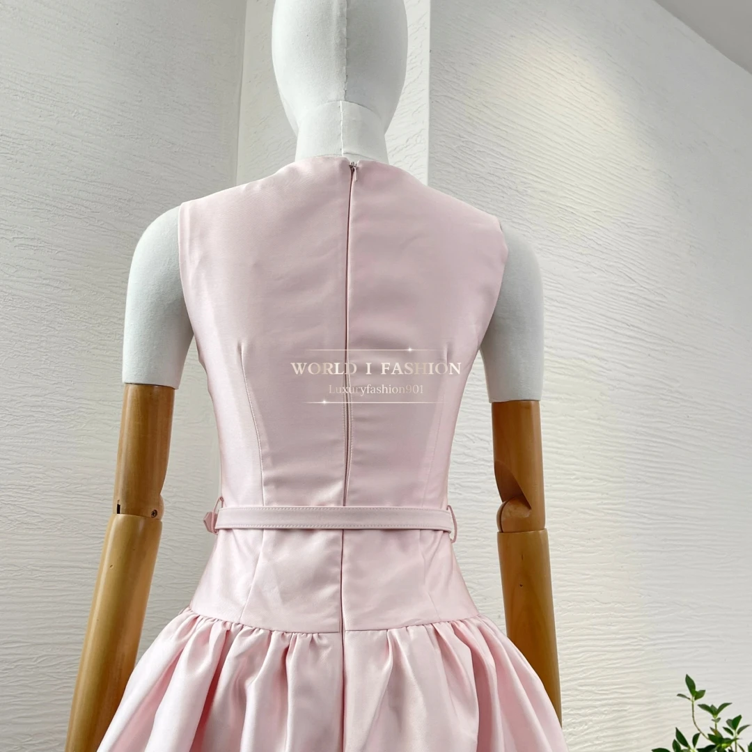 فستان نسائي متوسط الطول بحزام وردي أنيق عالي الجودة بدون أكمام