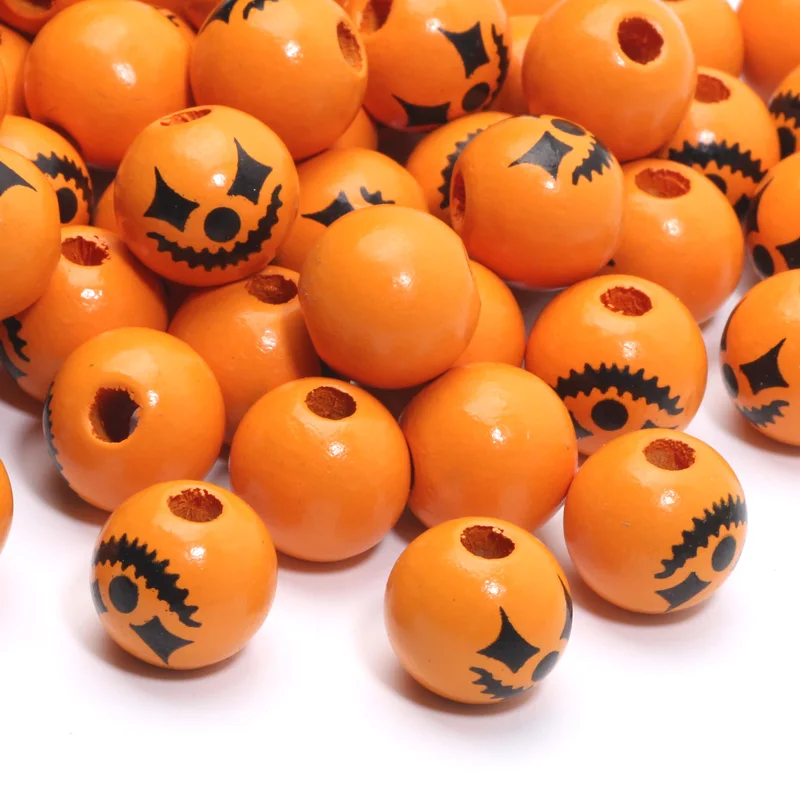 15mm 10pcs Funny Smiling Pattern Orange Round Balls Wood Spacer Beads Bracelets Wooden Beads For Jewelry Making DIY Accessories