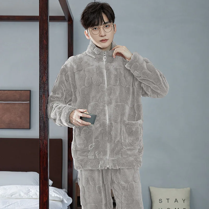 Men's New Autumn Winter Stand Collar Zipper Thick Long Sleeve Coral Velvet Home Suit Lovers Pajamas  Comfortable Men Sleepwear