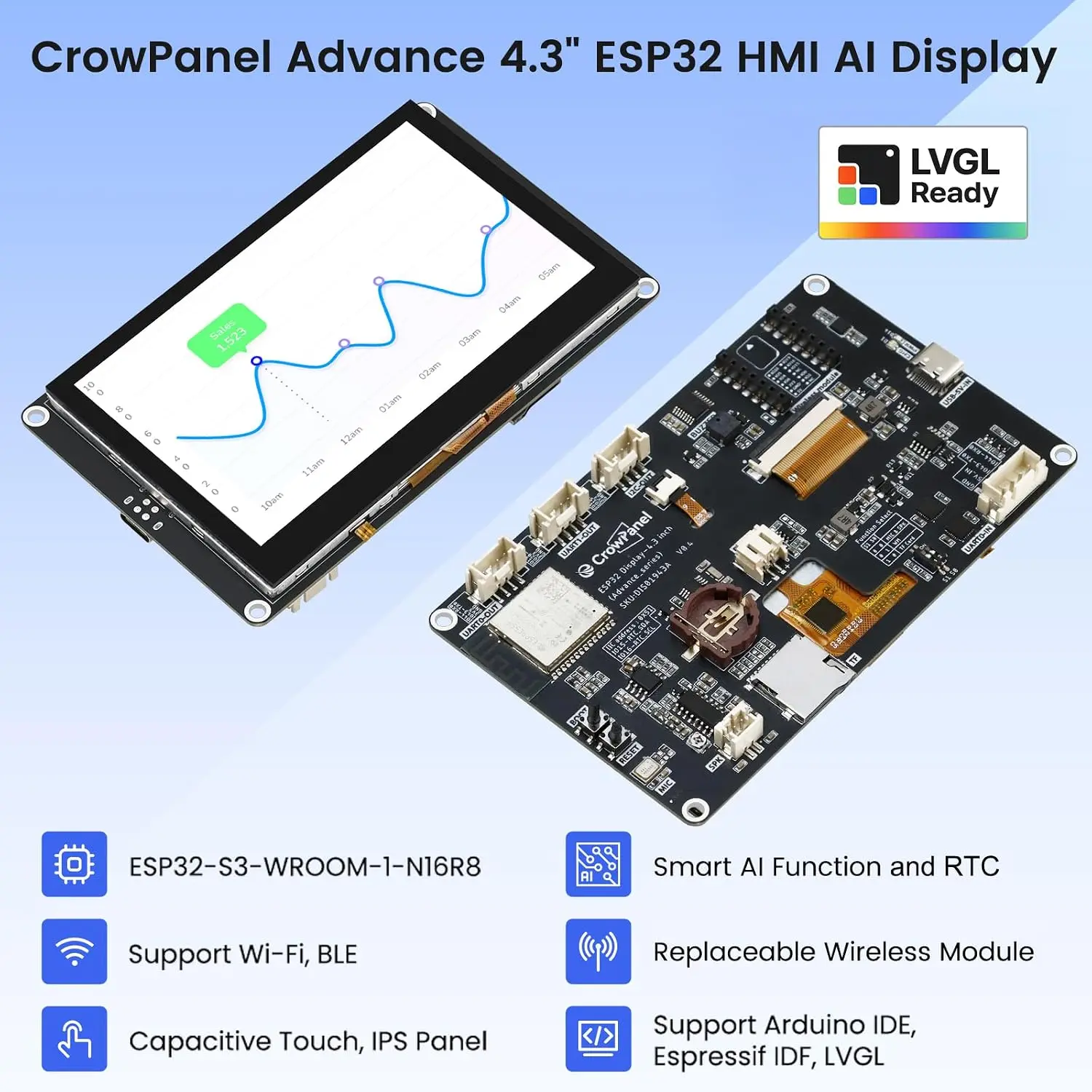 Free Shipping Elecrow CrowPanel 4.3inch Advance ESP32-S3 LVGL HMI AI-Powered 800x480 IPS Touch Screen for IOT Projects
