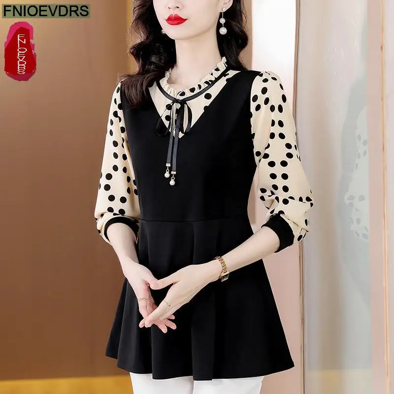 M-5XL 2023 Women Winter Spring Basic Wear Elegant Office Lady Loose Casual Black Ruffles Tunic Peplum Tops And Blouses