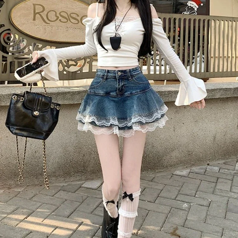 

New retro stretch denim cake pleated skirt for women summer new lace spliced puffy skirt mini skirt