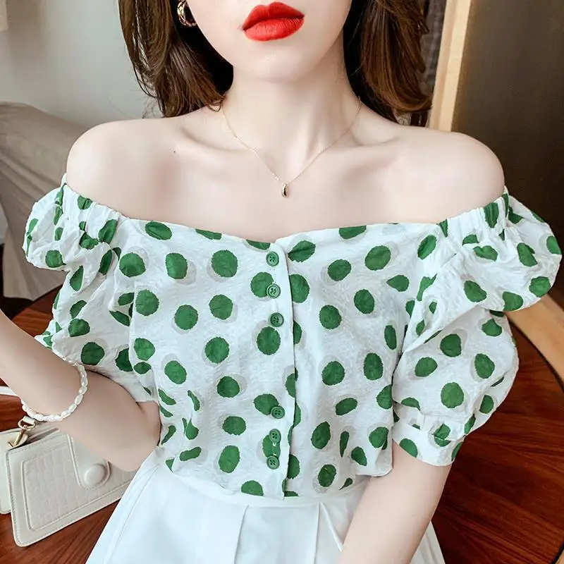 Women Trendy Polka Dot Printed Chiffon Blouses 2024 Summer Elegant Square Neck Short Sleeve Shirts Female Casual Sweet Chic Tops