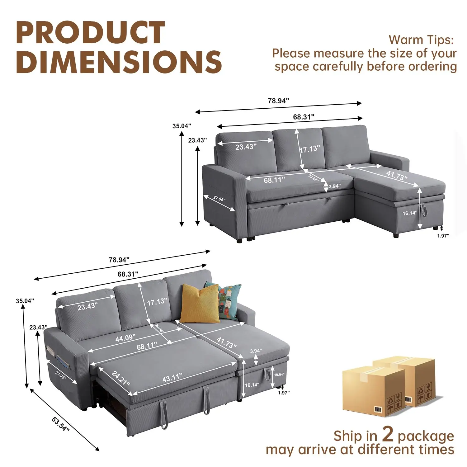 Pull Out Sleeper Sofa Bed, 2 in 1 Pull Out Comfy Corduroy Couch with Storage & Side Pocket, Convertible L Shaped Couch, Custom