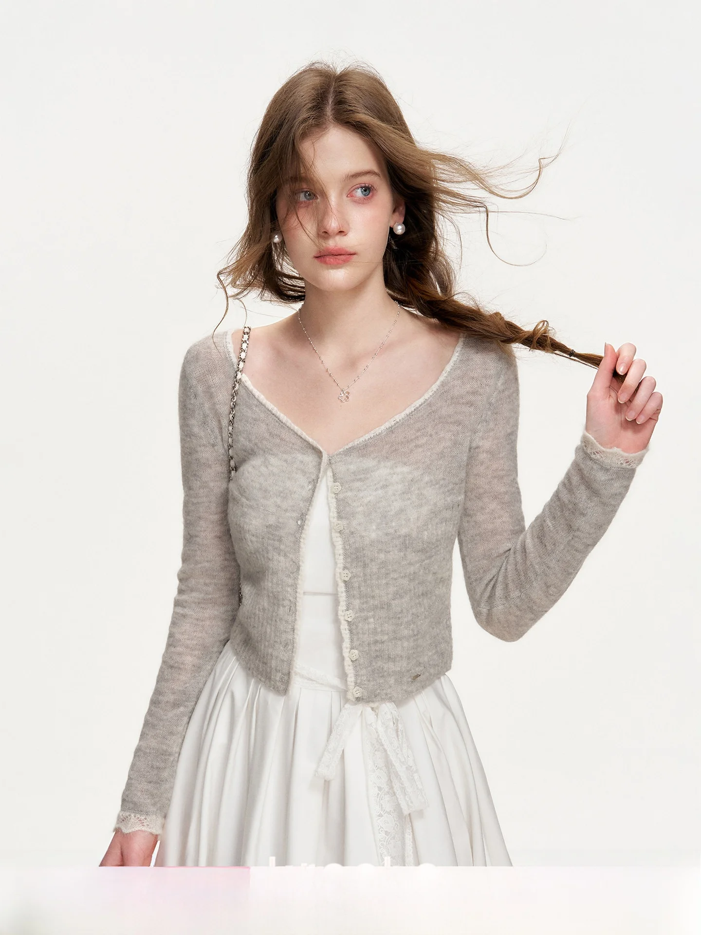 

Вязаный кардиган Kroche Cloud Soft Walk 26ss с длинными рукавами, волнистым кружевным воротником, цветными блоками, из шерсти альпака, женская модная модель