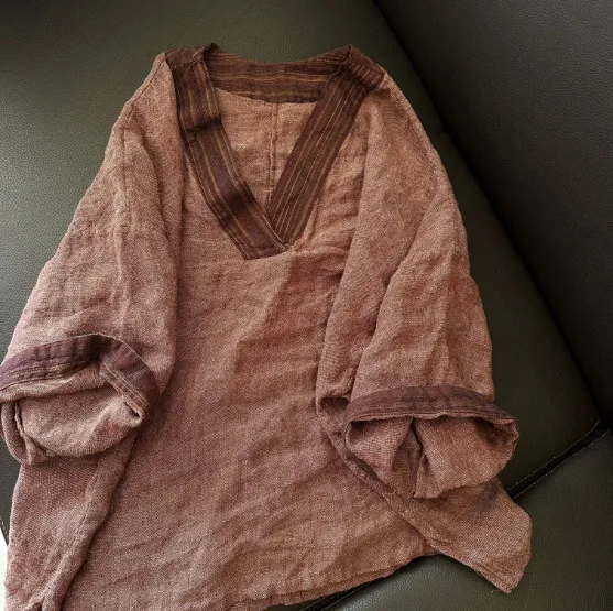 VintagePremium جودة الغزل مصبوغ الكتان فضفاض الخامس الرقبة المرأة بلوزة الخريف جديد الرجعية منتصف طول Batwing الأكمام القمم حجم كبير