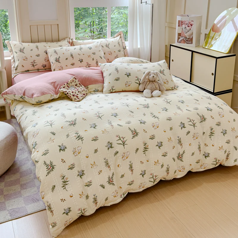 Botanical Floral Duvet Cover Cute Animal Squirrel Bird Print Comforter Cover 4Pcs Reversible Farmhouse Bedding Set for Teen Girl