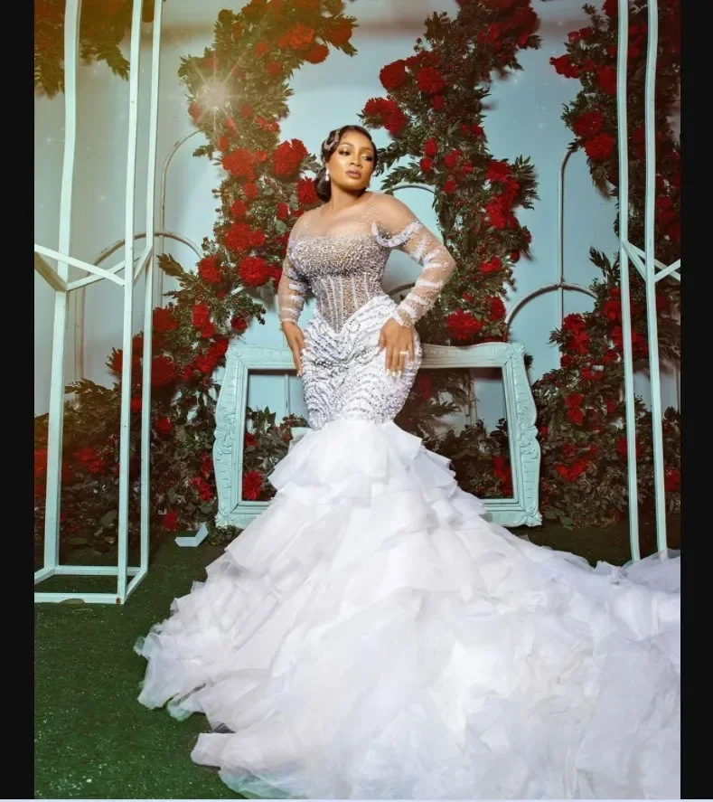 Customized  See Through Beads Pearls Mermaid Wedding Dress Plus Size Illusion Long Sleeves Multi-Tiered Ruffles Bridal Gowns