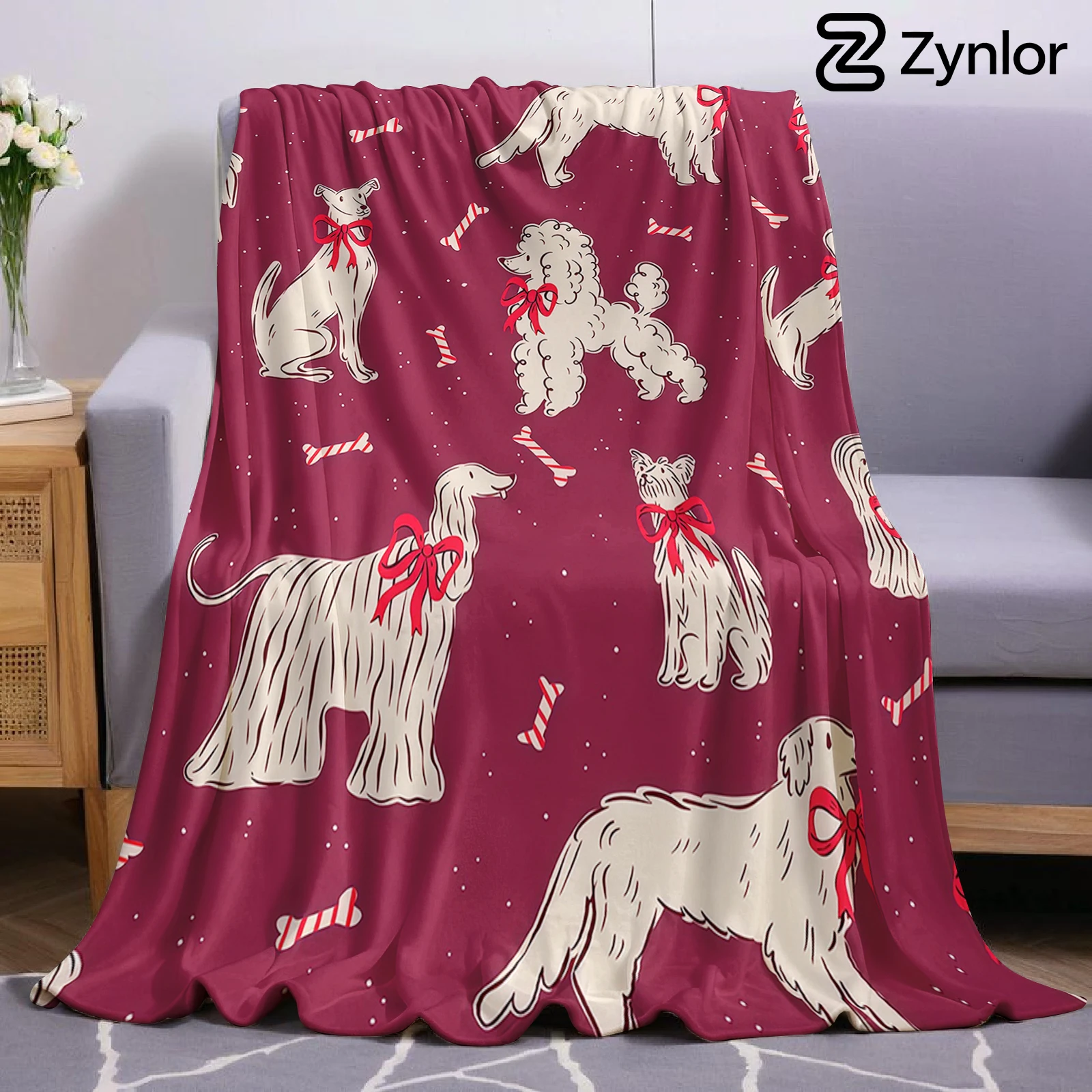 Dogs with Red Bows Ultra Soft Sherpa Fleece Blanket Fluffy Warm Thick Throw for Sofa Bedroom Couch Holiday Home Decor Gift