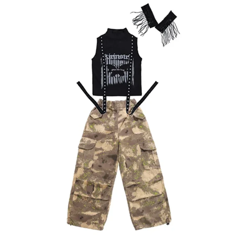 Girls Sequin Crop Hoodies Street Dance Camouflage Cargo Pants Kids Hip Hop Jazz Clothes Sets Children Streetwear K-pop Costumes