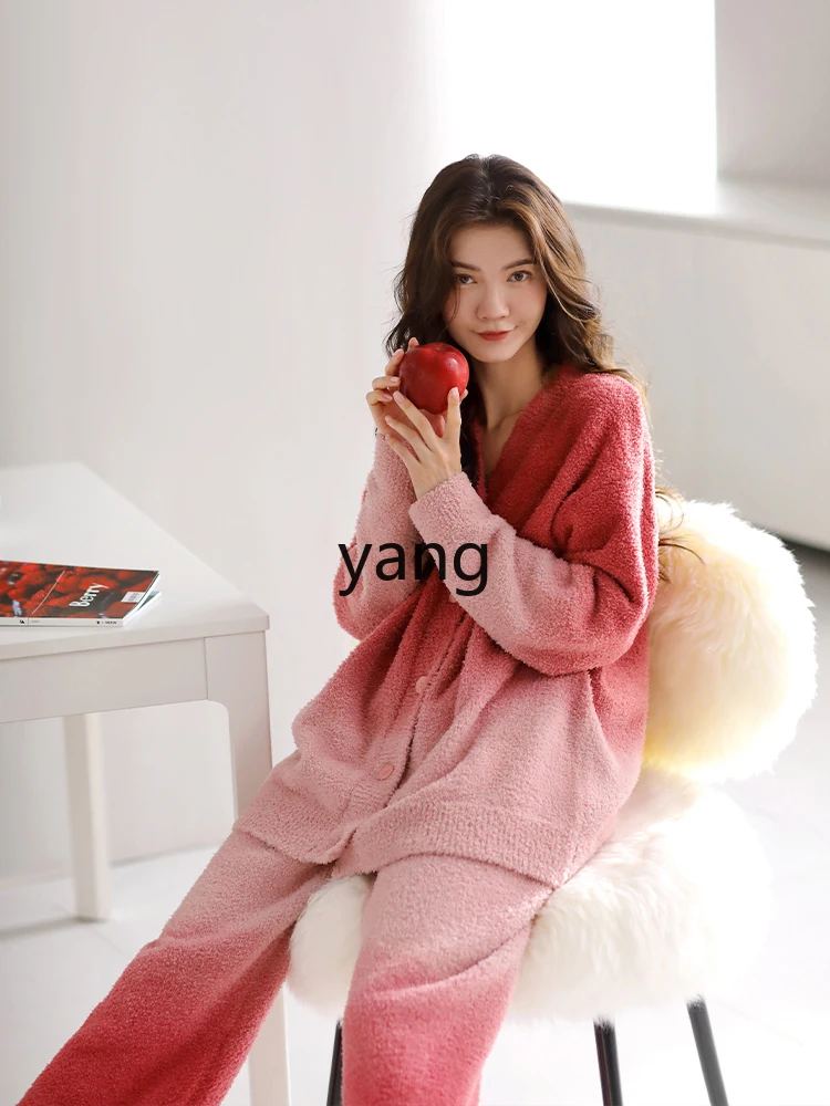 YJQ half fleece pajamas women's autumn and winter coral fleece loungewear thickened fleece warm plush gradual change