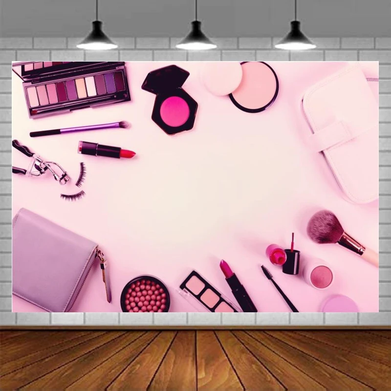 Make Up Photography Backdrop Sweet Pink Tone Frame Eye Shadow Rose Red Blush Brush Lip Sticks Nail Polish Mascara Background