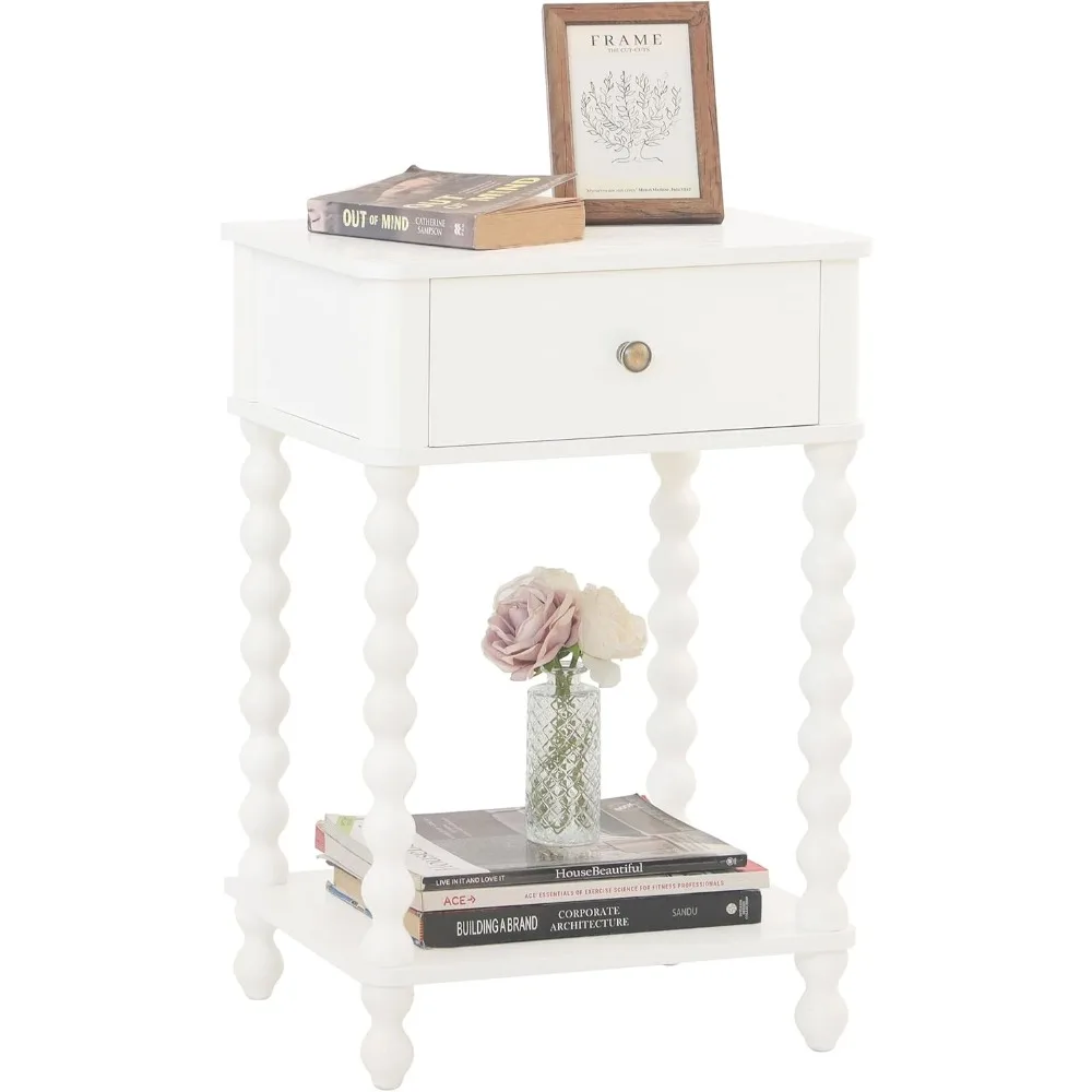 Small Farmhouse-Style Side Table with Drawer for Living Room and Bedroom, White