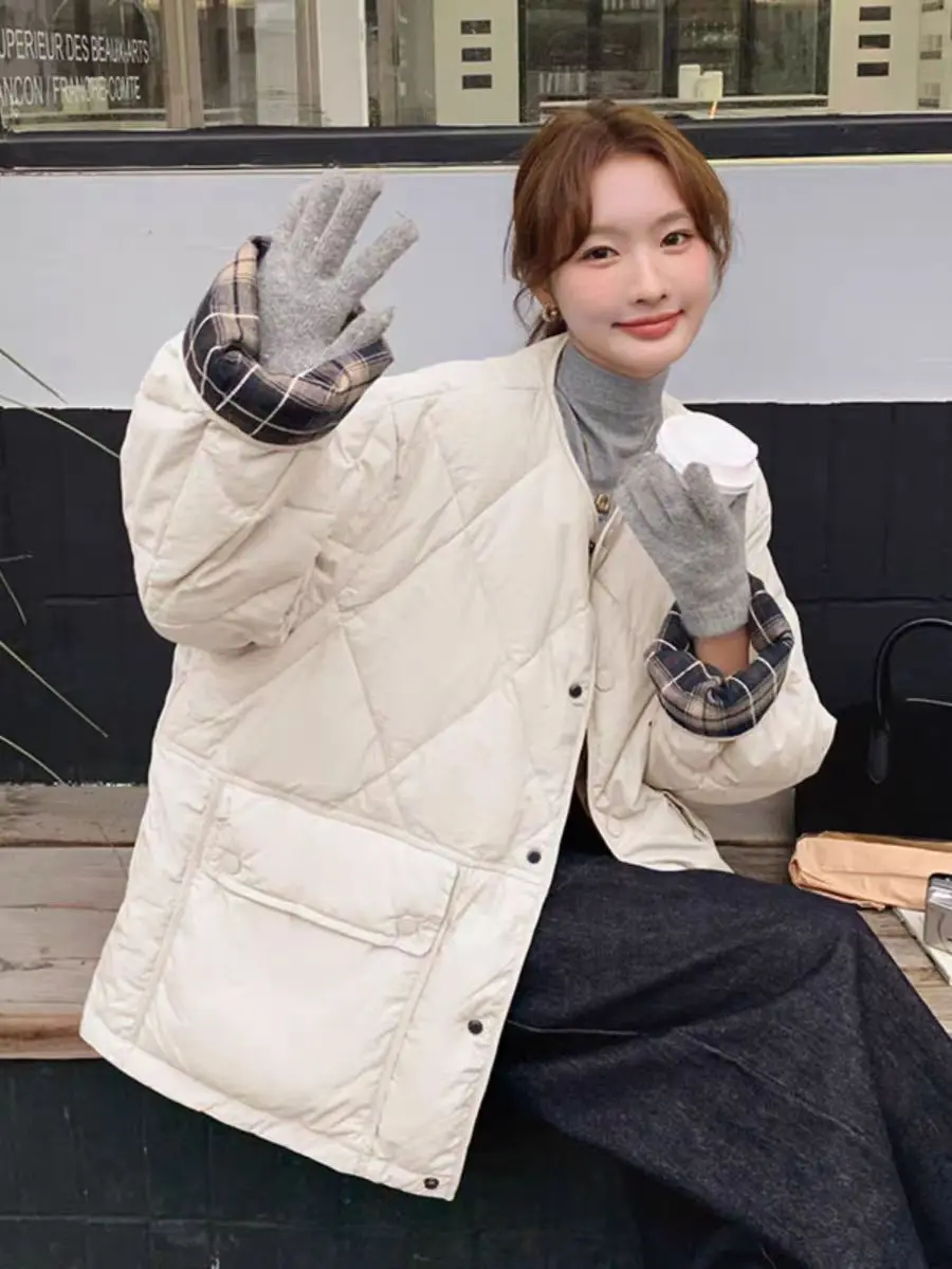 Retro Plaid Patchwork Lightweight Puffer Jacket Autumn Winter Loose Casual Quilted Jacket Female Round Neck Commute Padded Coats