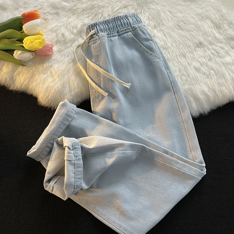 

Loose Fit Straight Leg Jeans Men's Summer Thin High Street Wide Leg Pants Casual Long Trousers Elastic Waisand Trendy Brand