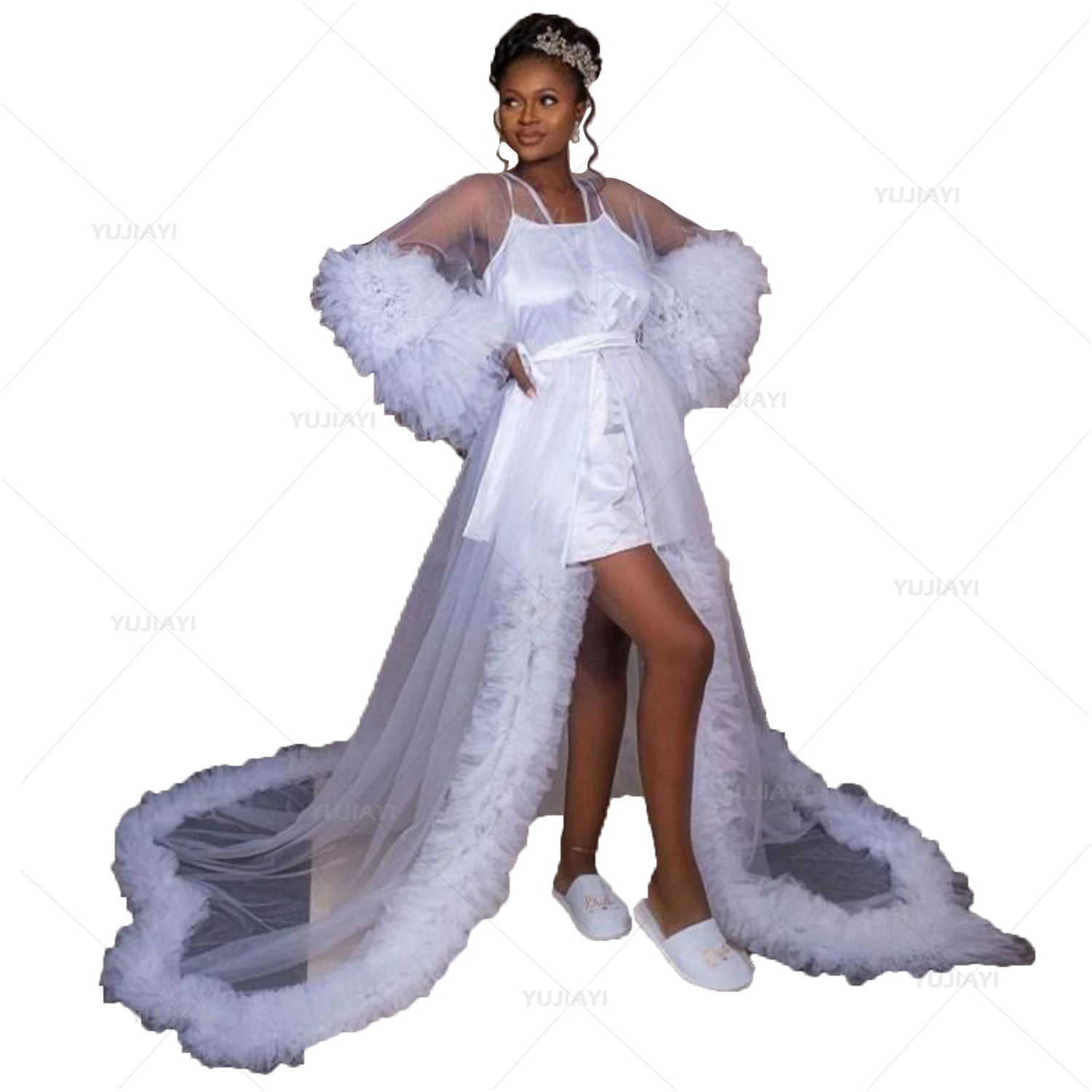 Braut Ballkleid für die Fotografie schiere geschwollene Robe Langarm flauschigen Tüll Hochzeit Bademantel Frauen Bademantel Boudoir Pyjama