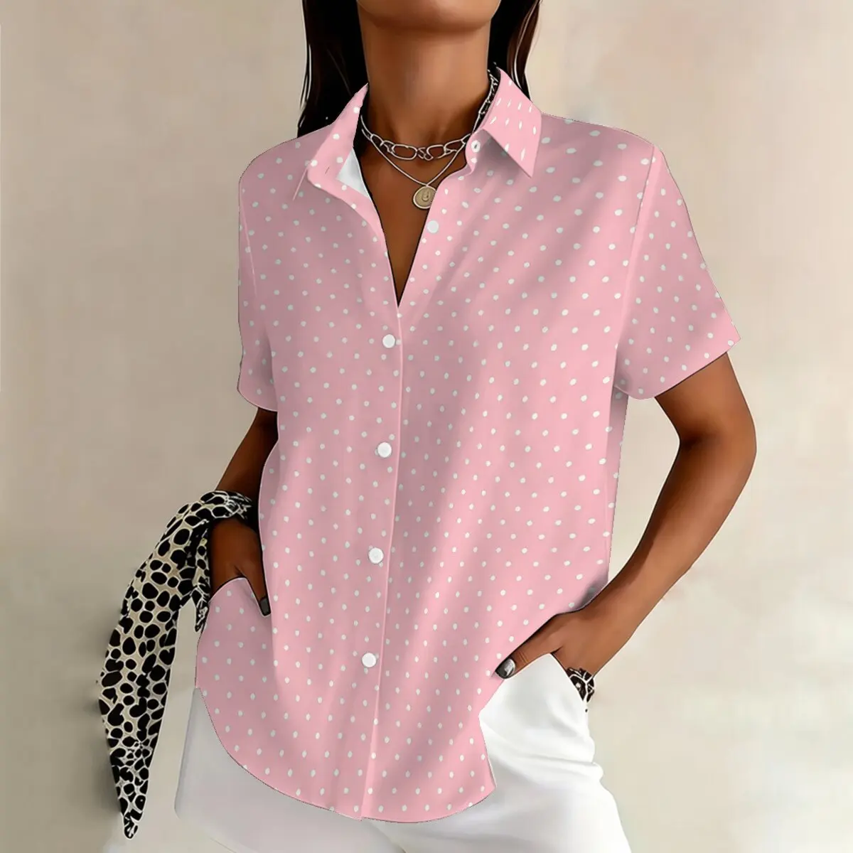 Camisa de manga corta con solapa para mujer, talla grande, con estampado de lunares, sencilla y personalizada, top versátil y moderno para uso diario