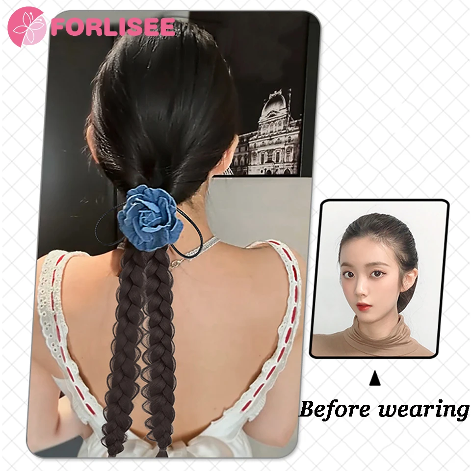 FORLISEE Wig Braid Romantic French Denim Rose Twist Braid Women's Natural Fashion Strappy Ponytail Wig