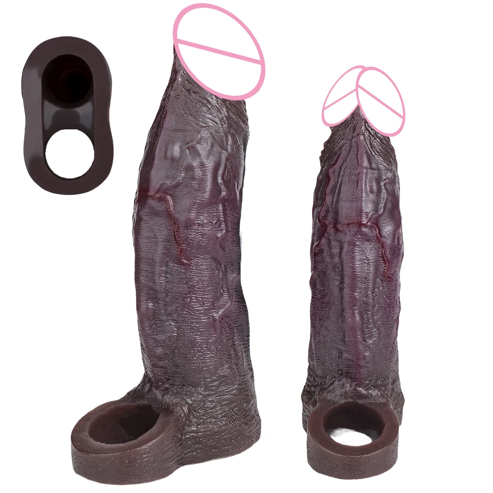 SXXY Ultra Soft Realistic Black Penis Sleeve Male Extender Lifelike Hollow Dildo  Body Safe Cock Enhancement Toy Intimate Goods