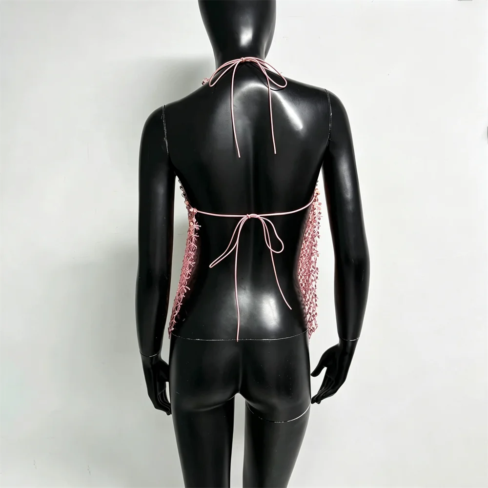 Damen Glänzendes Acryl-Pailletten-Top mit Ausschnitten, Sexy Tiefer V-Ausschnitt, Rückenfreies Neckholder-Oberteil, Durchsichtiges Strand-Party-Top – Detail 20