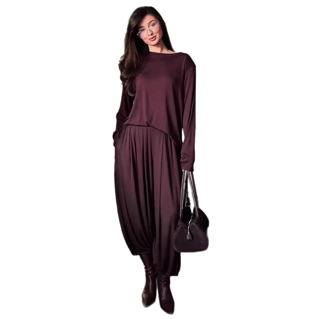 2026 New Womens Elegant Solid O Neck Long Sleeve Top Harem Pants Spring Summer Street Holiday Two Piece Chic Loose Daily Outfit