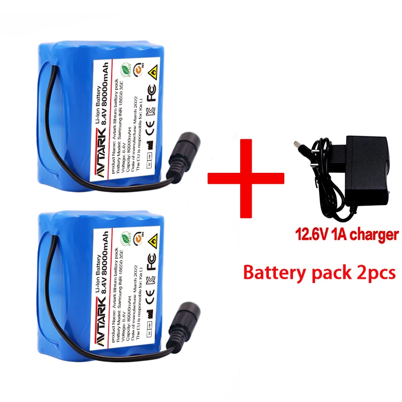 แบตเตอรี่ลิเธียมไอออน18650 mAh 8.4V 50000MAH แบตเตอรี่ลิเธียม60Ah ชาร์จได้พร้อมแผงป้องกันไฟสตูดิโอ LED ลิเธียม BMS + ที่ชาร์จ12.6V