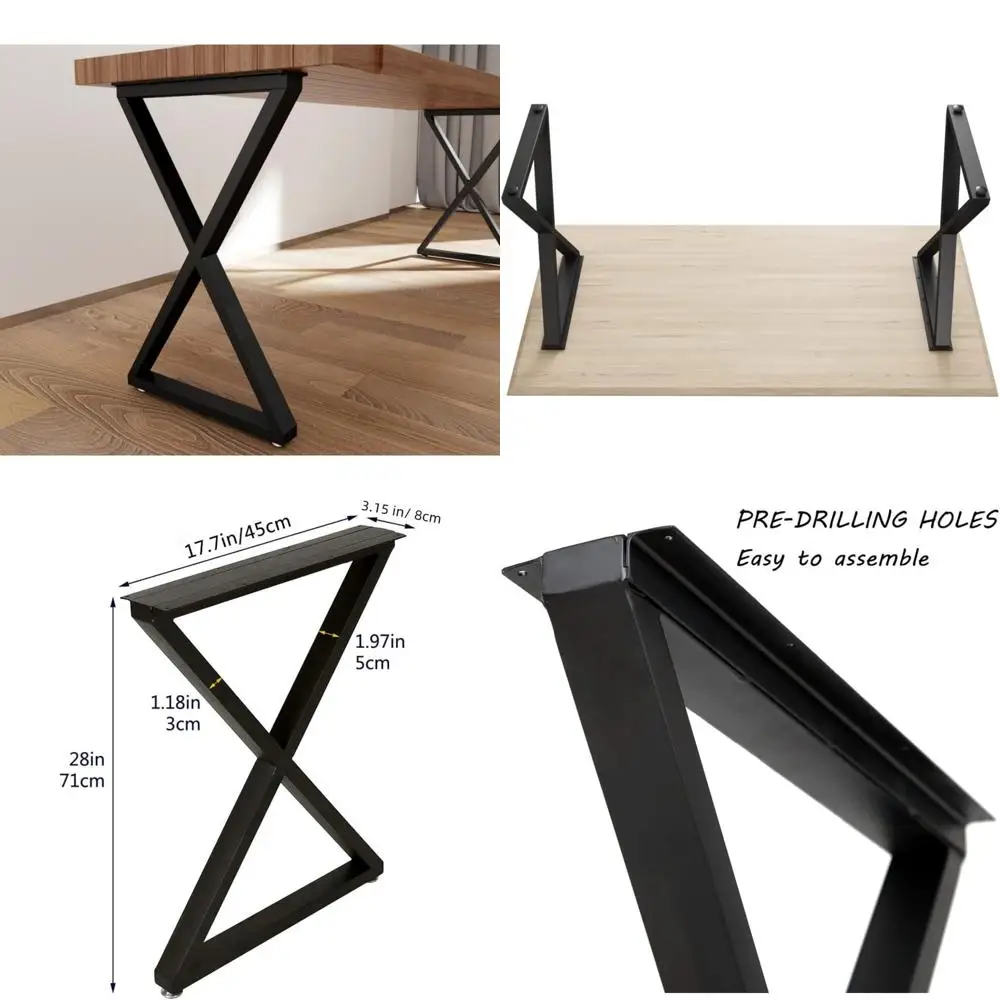 헤비 듀티 산업용 금속 책상 다리 2개 세트, X자형 28인치 높이, 검정색, 견고한 테이블 지지대용