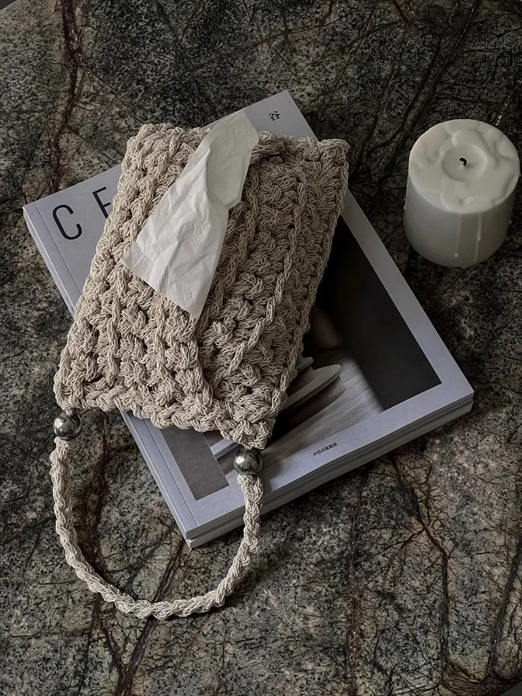 

Hand Woven Hanging Tissue Box, Household Paper Bag, Countertop, High-end Tissue Cover Plush Tissue Box Home Decoration