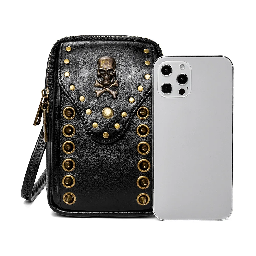 Punk Ladies Skull Head Rivet Single Shoulder Crossbody Bag Mobile Phone Bag Wearable Belt Motorcycle Knight Small Backpack view 3