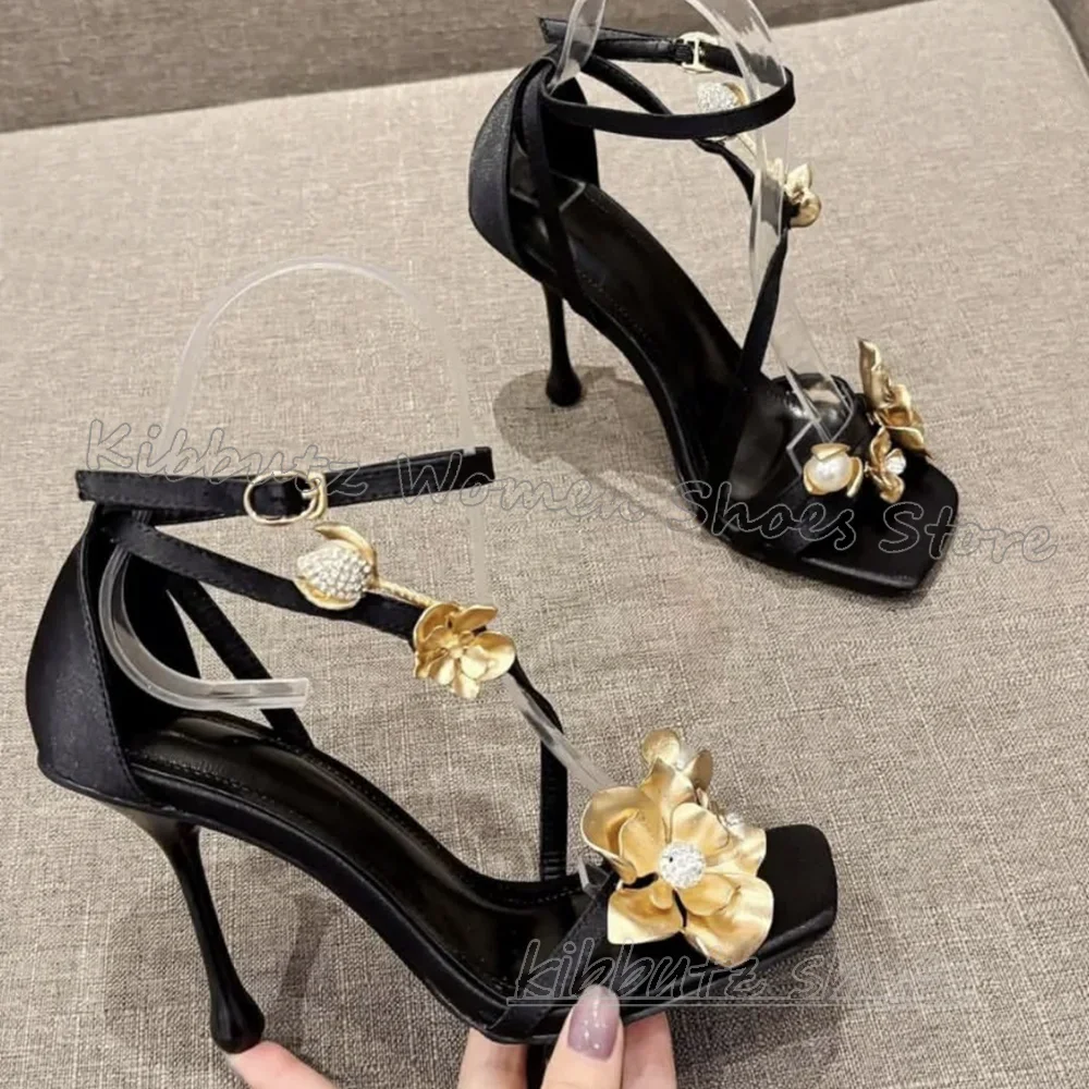 

Embellished Satin Sandals Square Toe Thin Heels Mixed Color Ankle Strap Fashion Elegant Sexy Comfortable Party Women Shoes New