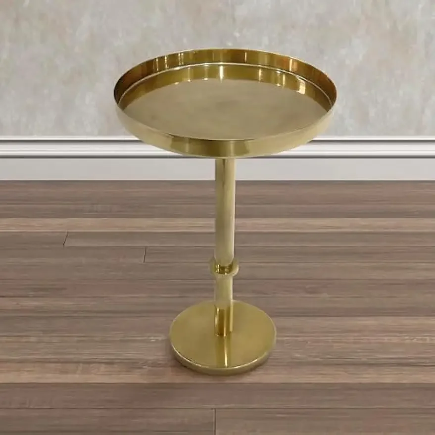 12 Inch Side End Table, Vintage Sleek Pillar Base, Round Tray Top, Oxidized Antique Brass