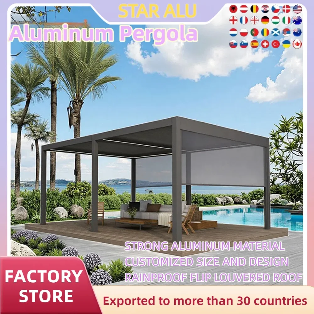 

Large size Outdoor Aluminum Gazebo Modern Aluminium Louvered Roof Bioclimatic Pergola sunshade aluminum louver LED roller blind