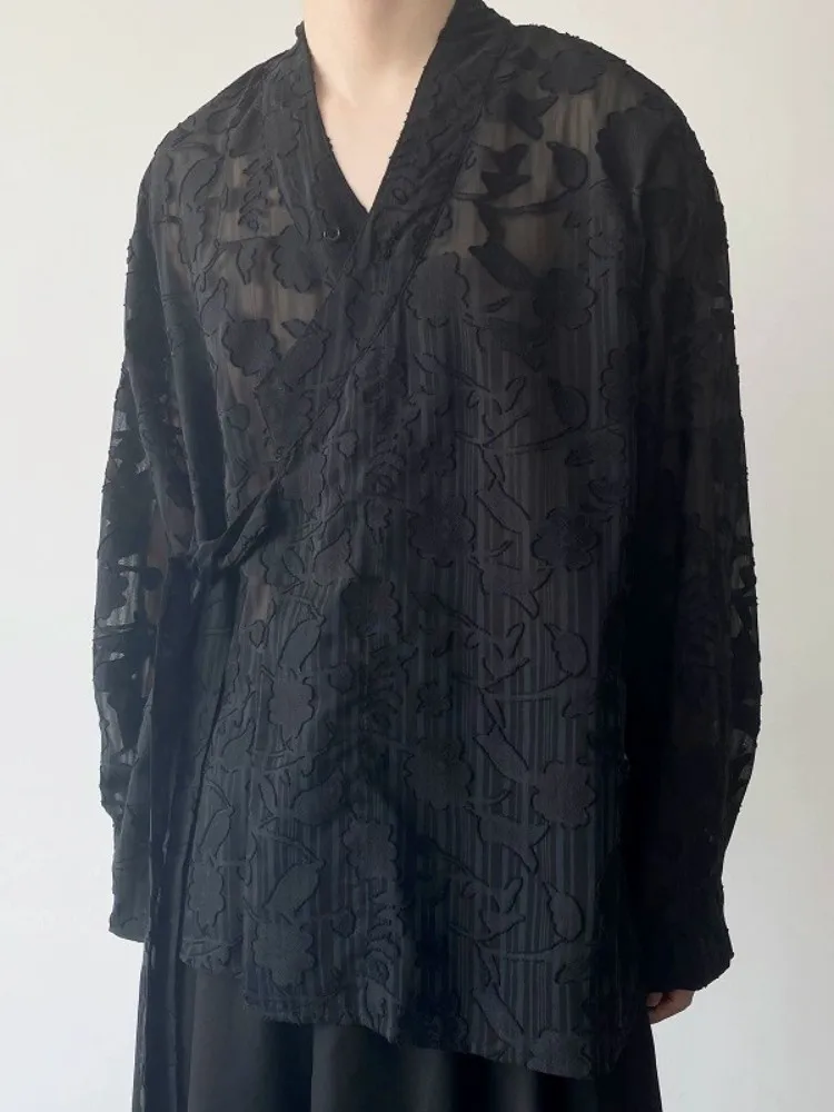 

Мужская рубашка из ледяного шелка с вырезами, длинным рукавом, винтажная, в стиле ханьфу, китайская, солнцезащитная, легкая, летняя, модная