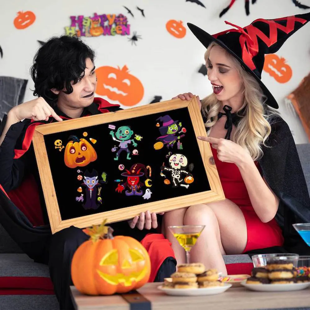 Buat wajah stiker Halloween permainan Puzzle anak buat hantu penyihir DIY merakit Jigsaw mainan pesta anak-anak